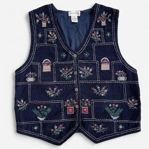 Vintage Van Heusen Dark Navy Blue Corduroy Embroidered Flowers Button Front Vest